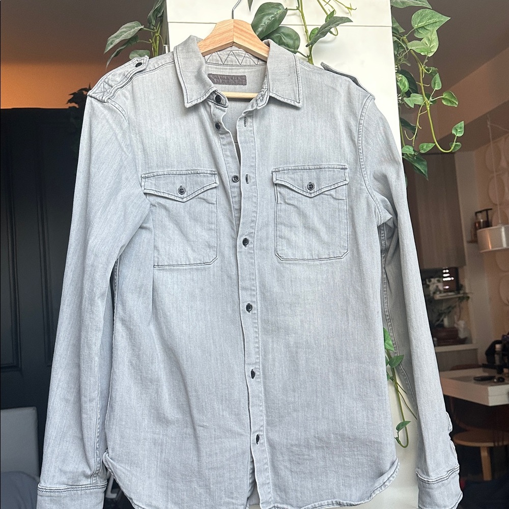 All Saints Monte Long Sleeve Button Down Shirt Grey Denim